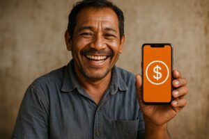 Uma pessoa de classe social mais baixa, sorrindo e segurando o celular, com o ícone de dinheiro na tela. A imagem representa a facilidade de acesso ao crédito e a esperança de solucionar problemas financeiros.