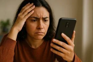 Mulher frustrada tentando conseguir um empréstimo pessoal online.