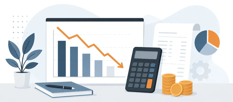Ilustração de gráfico financeiro com setas indicando redução de custos corporativos