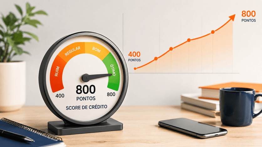 Velocímetro de score de crédito subindo de 400 para 800 pontos com gráfico crescente ao fundo
